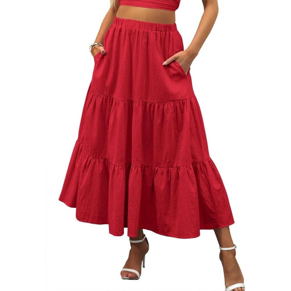 Women’s Summer Boho Elastic Waist Pleated A-Line Flowy Swing Tiered Long Beach